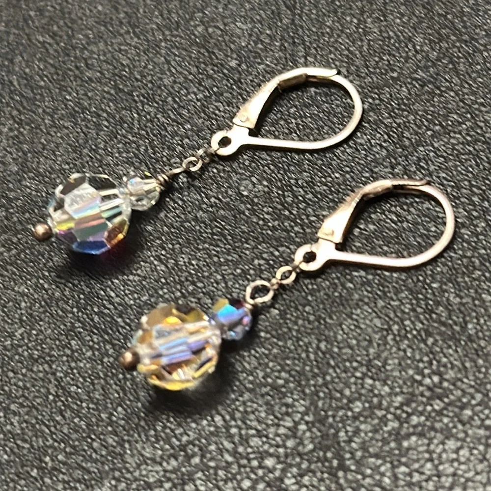 925 Silver Wire Hook Lever Back AB Clear Crystal Dangle Vintage Earrings
